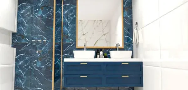 Baño porcelanato azul vetas blancas